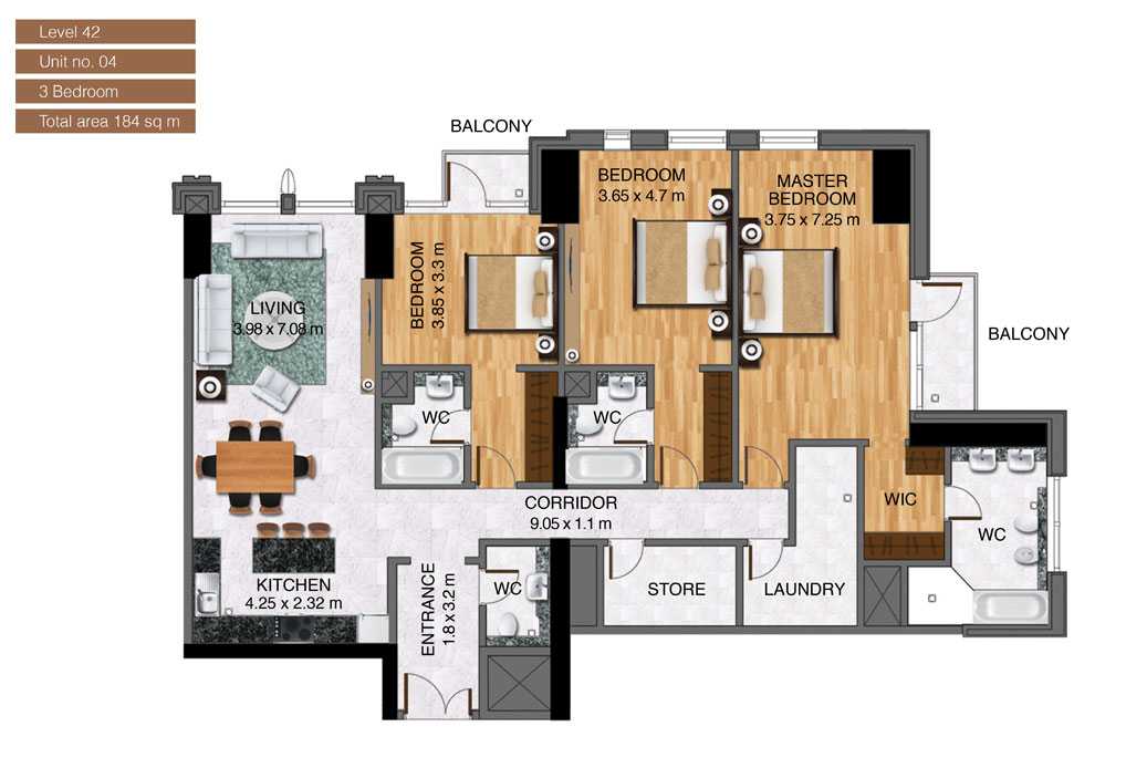 Level-42,Unit-no-4-,3-Bedroom-,Size-184-Sq m